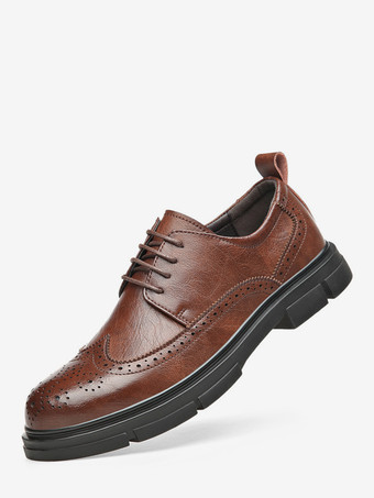 ブラウンメンズドレスシューズ レザー ラウンドトゥ オックスフォードシューズ 滑り止めプラットフォーム チャンキーブローグシューズ