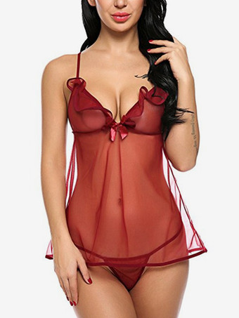 ワインレッド ベビードール ランジェリー レディース ブラック プリーツ シアー シフォン セクシー パジャマ