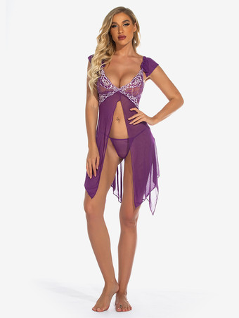 ベビードール ランジェリー レディース パープル プリーツ シアー シフォン セクシー スリープウェア