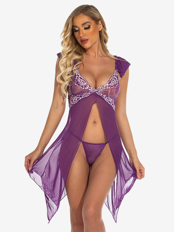 ベビードール ランジェリー レディース パープル プリーツ シアー シフォン セクシー スリープウェア