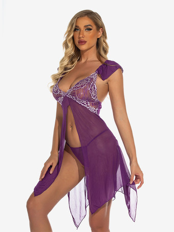 ベビードール ランジェリー レディース パープル プリーツ シアー シフォン セクシー スリープウェア