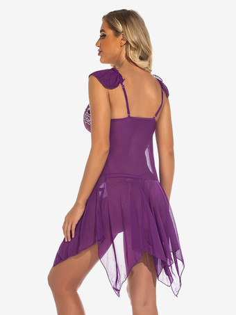 ベビードール ランジェリー レディース パープル プリーツ シアー シフォン セクシー スリープウェア