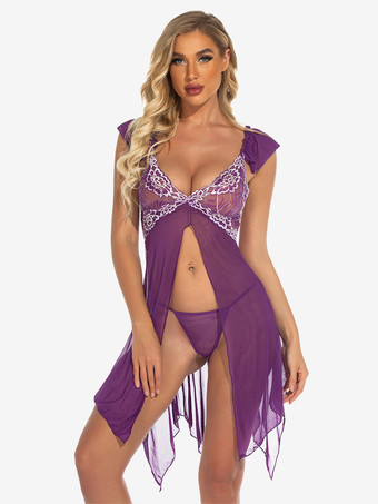 パープル ベビードール ランジェリー レディース パープル プリーツ シアー シフォン セクシー スリープウェア