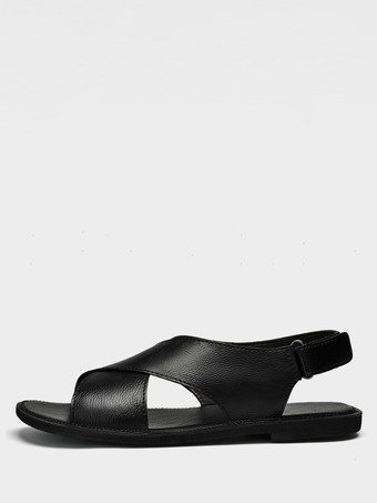 ブラック メンズサンダル レザー フラット 調節可能 バックフック＆ループ オープントゥ 夏休み ビーチサンダル