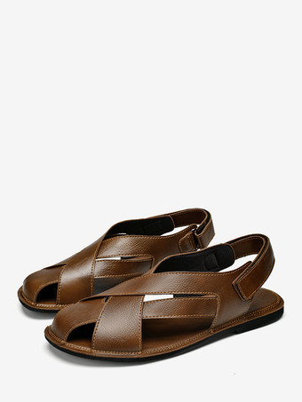 ブラウンメンズサンダル レザー フラット ソフトソール スリッポン 滑り止め ビーチサンダル