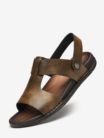 ブラウンメンズサンダル レザー オープントゥ フラット 夏用 ソフトアーチサポート 滑り止め スリッポン ビーチサンダル