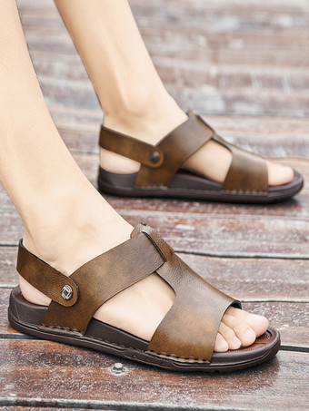 メンズサンダル レザー オープントゥ フラット 夏用 ソフトアーチサポート 滑り止め スリッポン ビーチサンダル