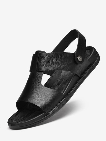 ブラック メンズサンダル レザー オープントゥ フラット 夏用 ソフトアーチサポート 滑り止め スリッポン ビーチサンダル