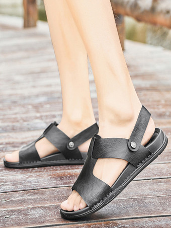 メンズサンダル レザー オープントゥ フラット 夏用 ソフトアーチサポート 滑り止め スリッポン ビーチサンダル