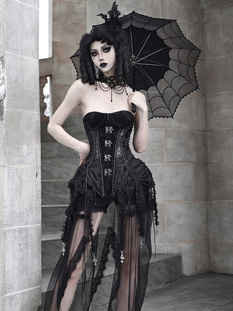 女性用ゴシックロリータコルセット、ブラックレースアップ、ポリエステルロリータドレス