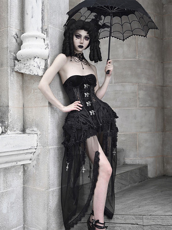 女性用ゴシックロリータコルセット、ブラックレースアップ、ポリエステルロリータドレス