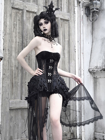 女性用ゴシックロリータコルセット、ブラックレースアップ、ポリエステルロリータドレス