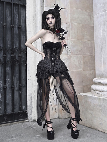 女性用ゴシックロリータコルセット、ブラックレースアップ、ポリエステルロリータドレス