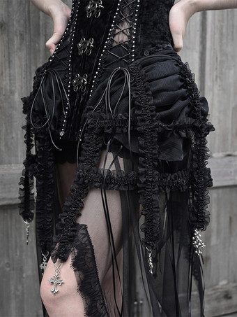 女性用ゴシックロリータコルセット、ブラックレースアップ、ポリエステルロリータドレス