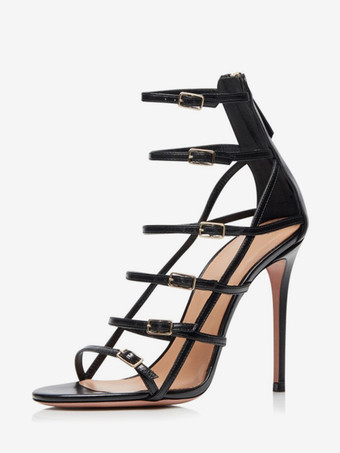 PUブラックハイヒールサンダル レディース オープントゥ バックルディテール ストラップサンダルシューズ