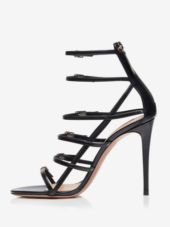 ハイヒールサンダル レディース オープントゥ バックルディテール ストラップサンダルシューズ