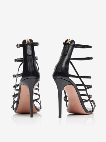 ハイヒールサンダル レディース オープントゥ バックルディテール ストラップサンダルシューズ