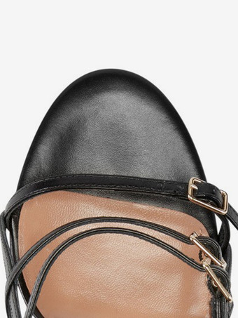 ハイヒールサンダル レディース オープントゥ バックルディテール ストラップサンダルシューズ