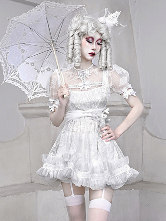   ゴシックロリータドレス リボンフリルレースホワイトドレス