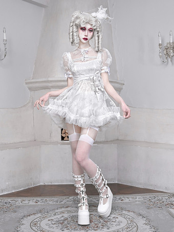   ゴシックロリータドレス リボンフリルレースホワイトドレス