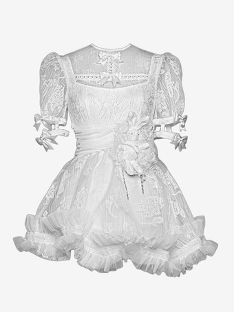   ゴシックロリータドレス リボンフリルレースホワイトドレス