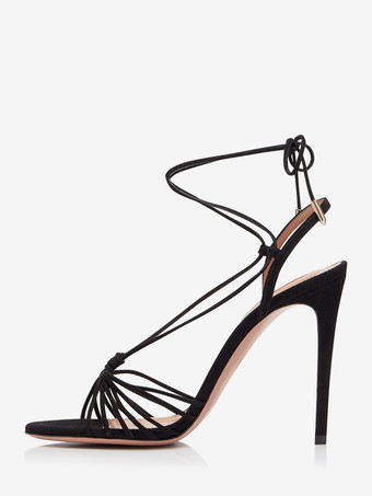 ブラック スエードブラックサンダルハイヒールオープントゥレースアップフォーマルシューズ