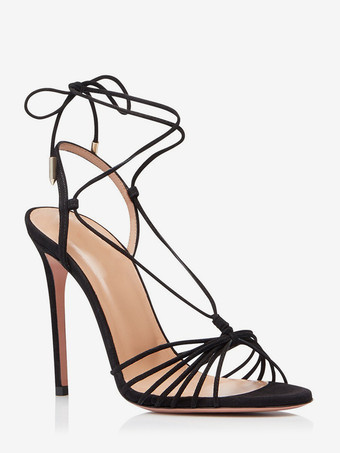 スエードブラックサンダルハイヒールオープントゥレースアップフォーマルシューズ