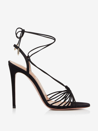 スエードブラックサンダルハイヒールオープントゥレースアップフォーマルシューズ