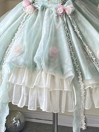 スイートロリータドレス ノースリーブ 花柄 チョーカー ライトグリーン ティーパーティー トレーン付き ロリータドレス