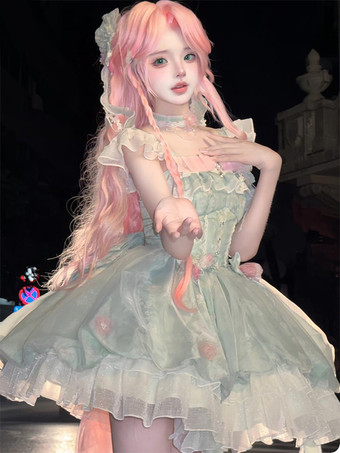 スイートロリータドレス ノースリーブ 花柄 チョーカー ライトグリーン ティーパーティー トレーン付き ロリータドレス