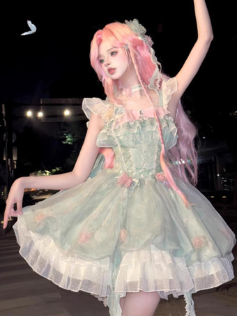 スイートロリータドレス ノースリーブ 花柄 チョーカー ライトグリーン ティーパーティー トレーン付き ロリータドレス