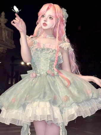 スイートロリータドレス ノースリーブ 花柄 チョーカー ライトグリーン ティーパーティー トレーン付き ロリータドレス