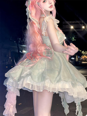 スイートロリータドレス ノースリーブ 花柄 チョーカー ライトグリーン ティーパーティー トレーン付き ロリータドレス