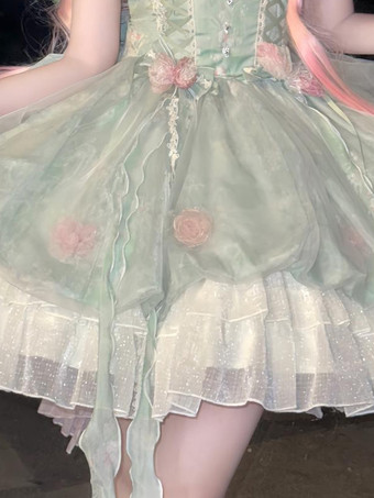 スイートロリータドレス ノースリーブ 花柄 チョーカー ライトグリーン ティーパーティー トレーン付き ロリータドレス