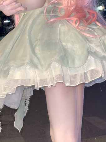 スイートロリータドレス ノースリーブ 花柄 チョーカー ライトグリーン ティーパーティー トレーン付き ロリータドレス