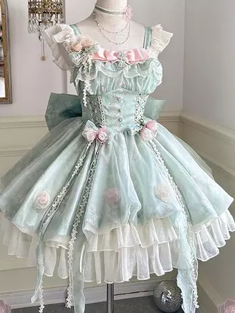 Sweet Lolita Dresses Sleeveless Flowers Choker Light Green Tea Party with Train Lolita Dress