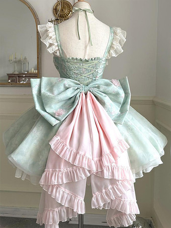 スイートロリータドレス ノースリーブ 花柄 チョーカー ライトグリーン ティーパーティー トレーン付き ロリータドレス