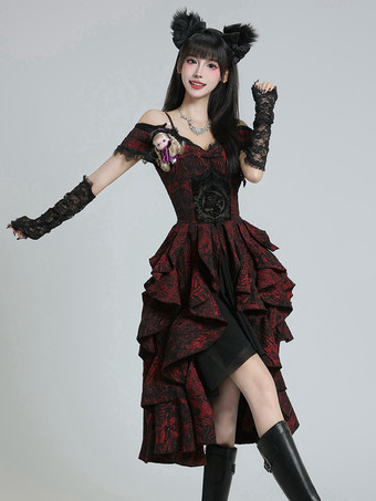   ゴシックロリータドレス フリル レース ジャカード バーガンディドレス