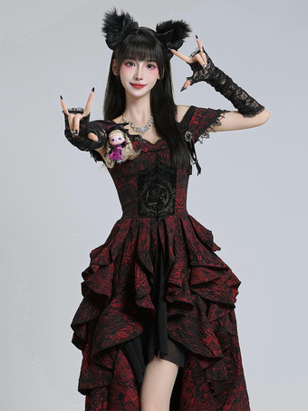   ゴシックロリータドレス フリル レース ジャカード バーガンディドレス