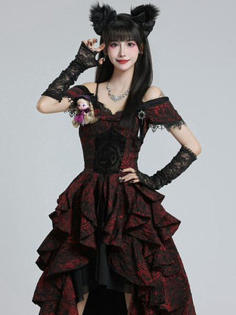   ゴシックロリータドレス フリル レース ジャカード バーガンディドレス