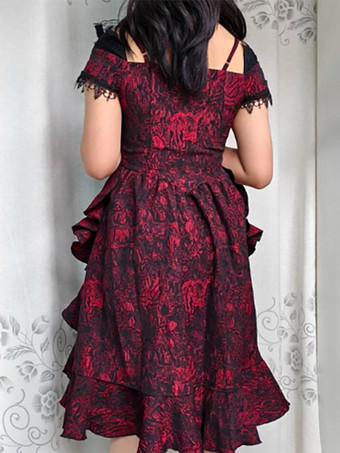   ゴシックロリータドレス フリル レース ジャカード バーガンディドレス