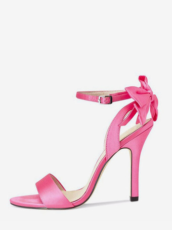 マゼンタ サテンハイヒールサンダル リボン オープントゥ ウェディングパーティーシューズ