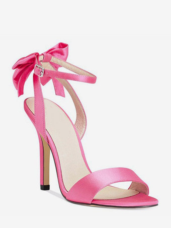 サテンハイヒールサンダル リボン オープントゥ ウェディングパーティーシューズ