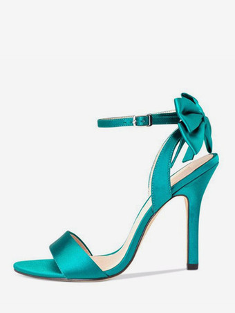 ブルーグリーンサテンハイヒールサンダル リボン オープントゥ ウェディングパーティーシューズ