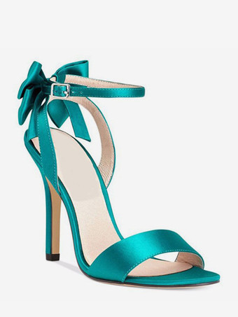 サテンハイヒールサンダル リボン オープントゥ ウェディングパーティーシューズ