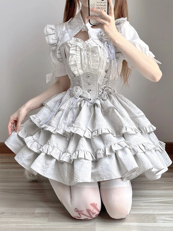 シルバー ゴシックロリータ衣装 ブラック レースアップ フリル ジャカード 半袖 トップ スカート セット