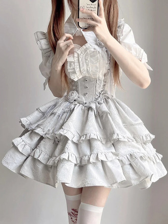 ゴシックロリータ衣装 ブラック レースアップ フリル ジャカード 半袖 トップ スカート セット