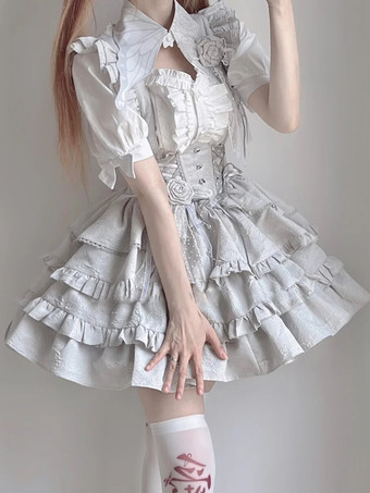 ゴシックロリータ衣装 ブラック レースアップ フリル ジャカード 半袖 トップ スカート セット