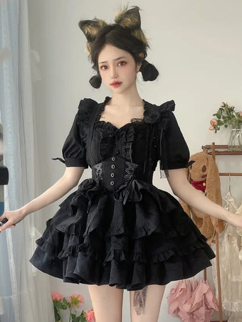 ブラック ゴシックロリータ衣装 ブラック レースアップ フリル ジャカード 半袖 トップ スカート セット