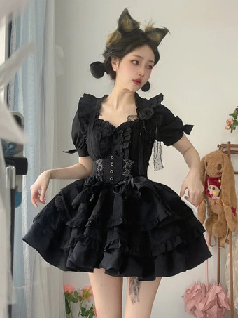 ゴシックロリータ衣装 ブラック レースアップ フリル ジャカード 半袖 トップ スカート セット